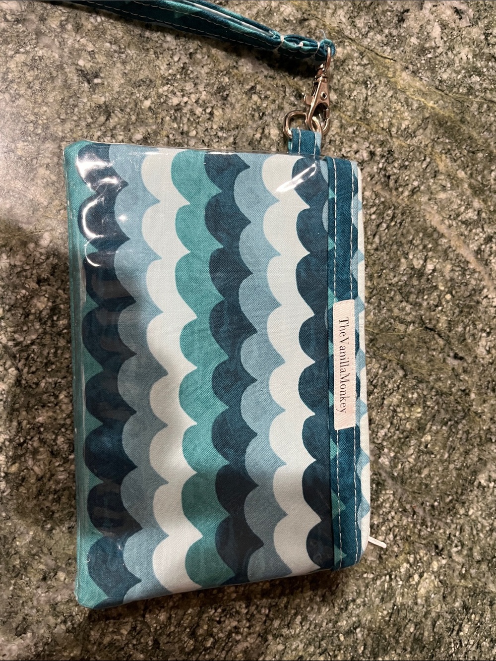 Sea Wave Pattern Wristlet Clutch in Teal and White